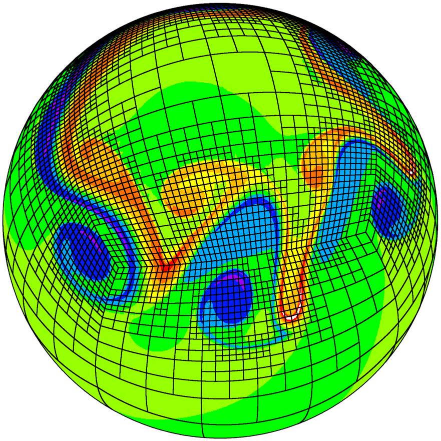 Snapshot of a 2D atmospheric model simulation showing a developing wave that is dynamically tracked by a block-structured and adaptive cubed-sphere computational mesh. Blue and red colors denote a clockwise and counterclockwise rotational motion, respectively.