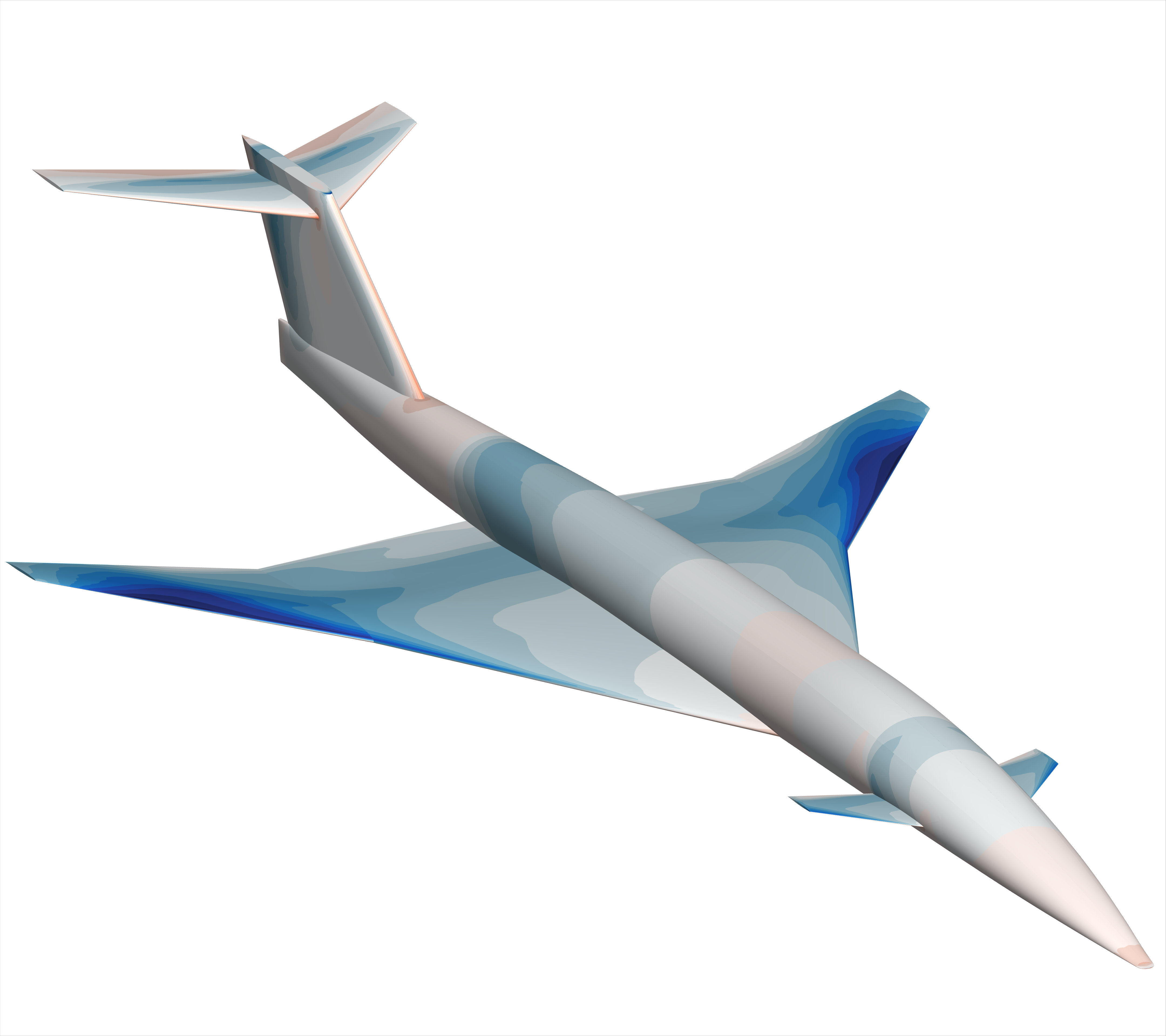 Computational fluid dynamics solution of a supersonic transport aircraft at the takeoff condition.