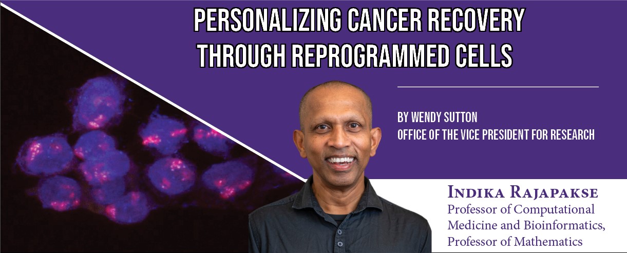 Screenshot 2025-03-14 154332 Personalizing Cancer Recovery Through Reprogrammed Cells, by Wendy Sutton, Office of the Vice President for Research. Includes headshot of Indika Rajapakse, Professor of Computational Medicine and Bioinformatics, Professor of Mathematics smiling and wearing a dark collared shirt.