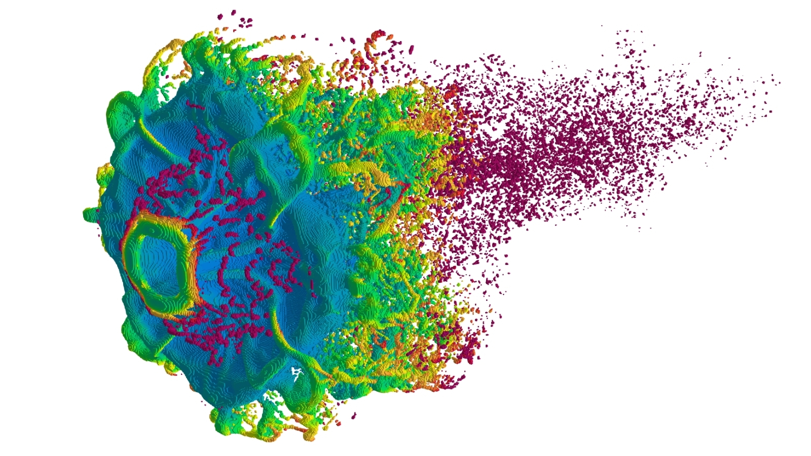 A colorful, abstract scientific visualization shows a blue, circular shape with textured edges dispersing into small particles to the right.