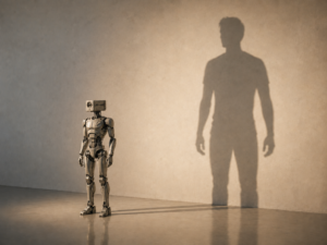 AI image of a robot. A light is shined on it and its shadow on the wall is that of a man.